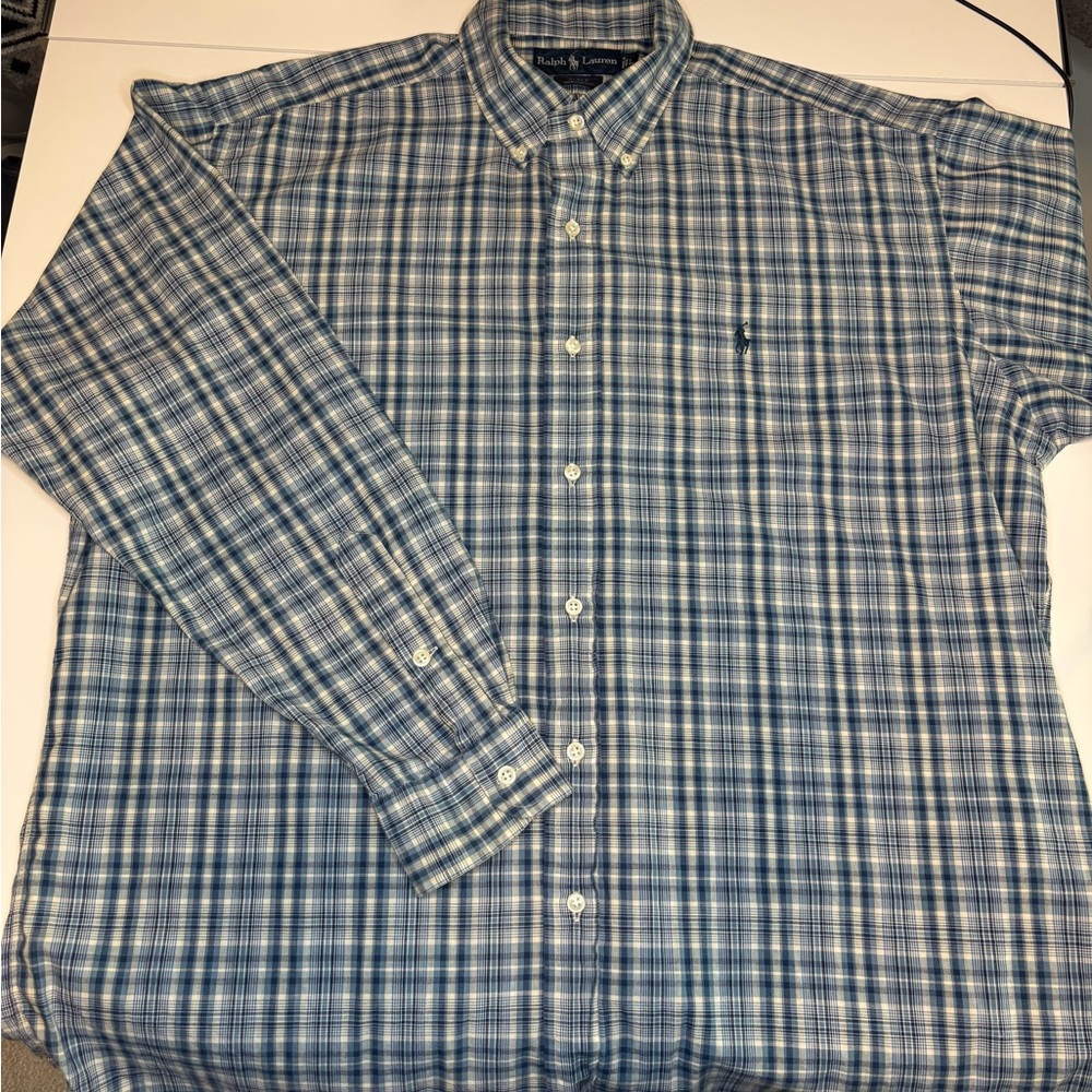 Polo by Ralph Lauren Men's Blue and White Check Blake Shirt 100% Cotton Size L